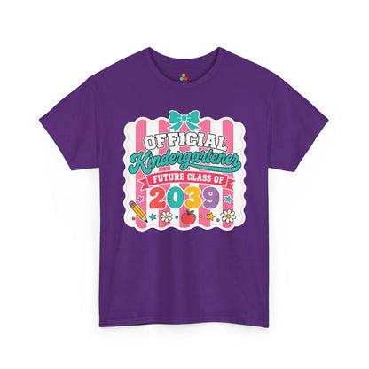 Purple TEEZOCA Future Class of 2039 shirt with a bow and daisies, a cute keepsake milestone tee for a new kindergartener.
