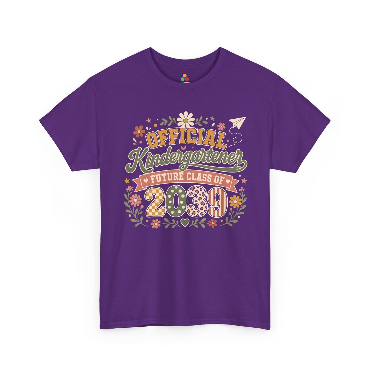 Purple TEEZOCA Future Class of 2039 shirt with boho florals and a banner, a keepsake milestone tee for a new kindergartener.

