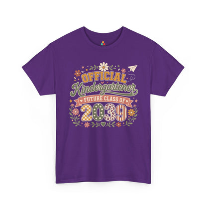 Purple TEEZOCA Future Class of 2039 shirt with boho florals and a banner, a keepsake milestone tee for a new kindergartener.
