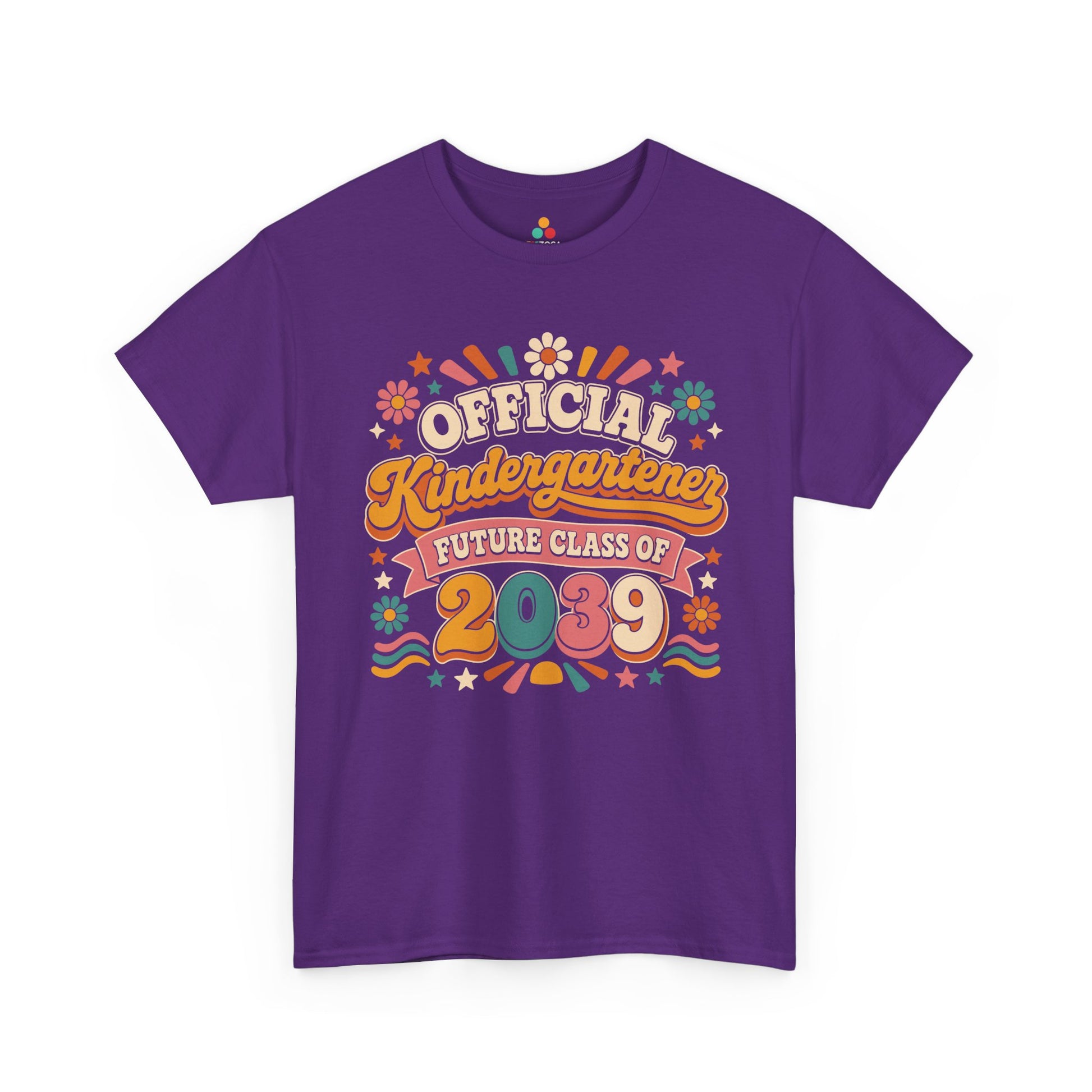 Purple TEEZOCA Future Class of 2039 shirt with retro daisies and a banner, the kind of milestone keepsake tee shoppers find on Amazon and Etsy.

