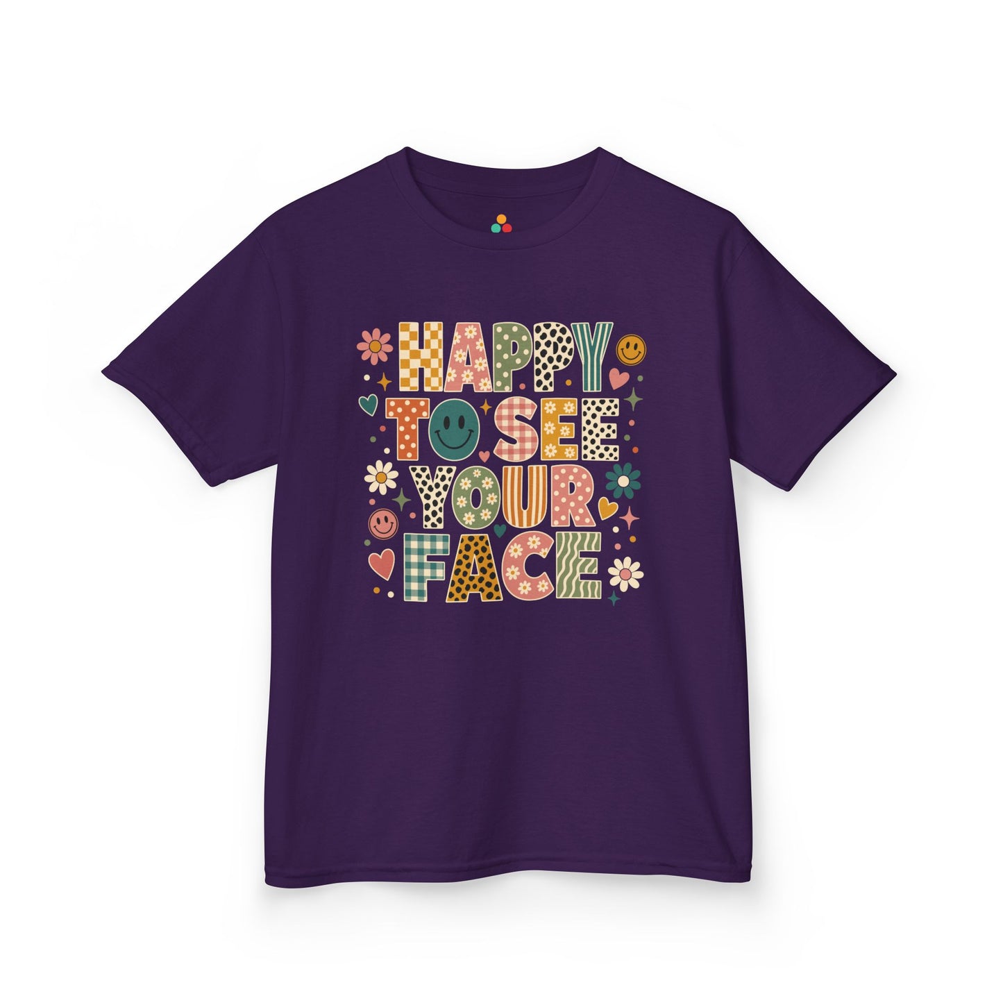 Purple TEEZOCA Happy to See Your Face boho kids shirt with daisies and vintage patterns, the kind of first-day tee parents shop on Amazon and Etsy.


