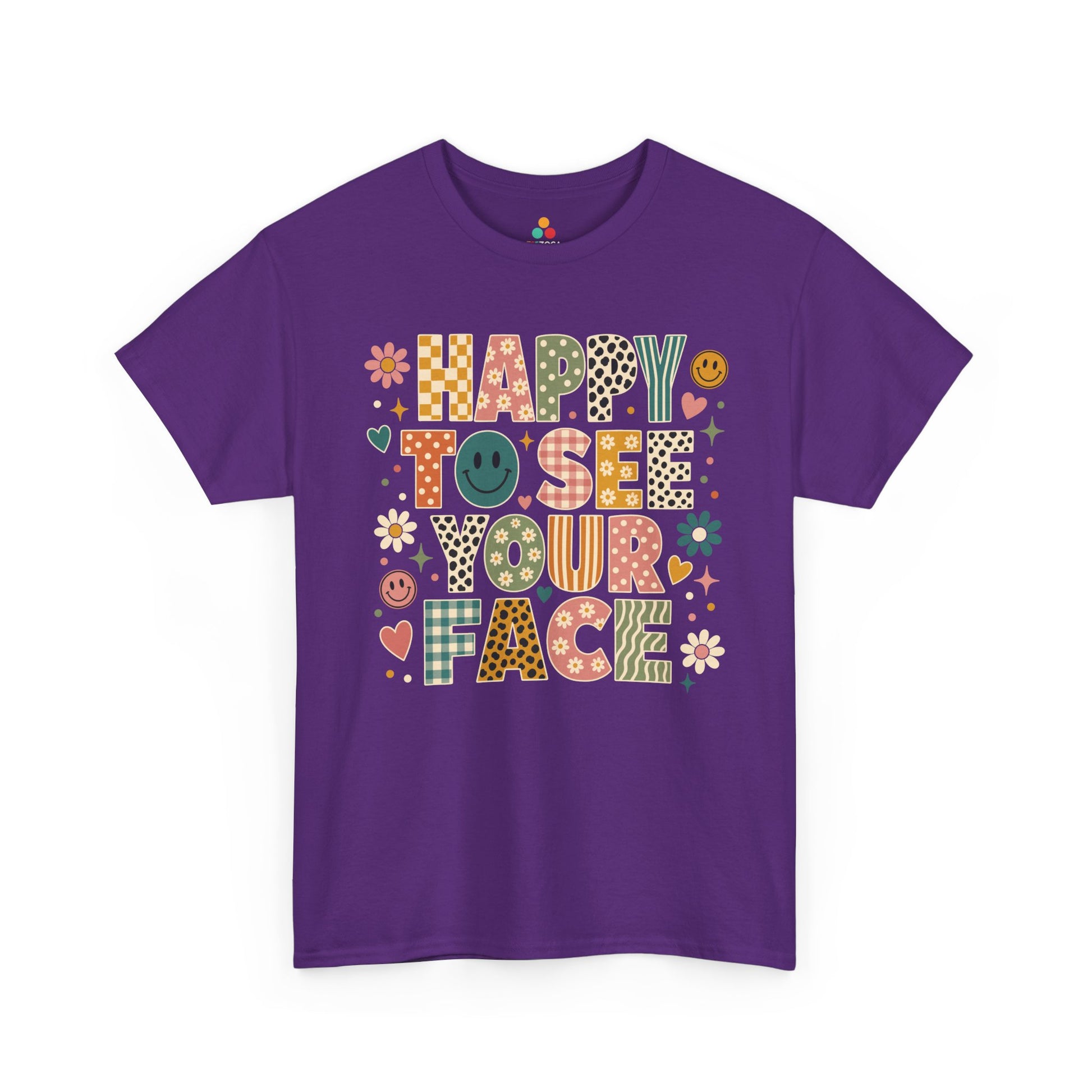Purple TEEZOCA Happy to See Your Face boho teacher shirt with daisies and vintage patterns, the kind of adult tee shoppers find on Amazon and Etsy.

