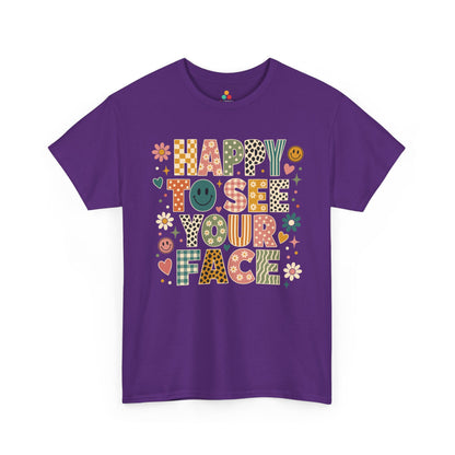 Purple TEEZOCA Happy to See Your Face boho teacher shirt with daisies and vintage patterns, the kind of adult tee shoppers find on Amazon and Etsy.

