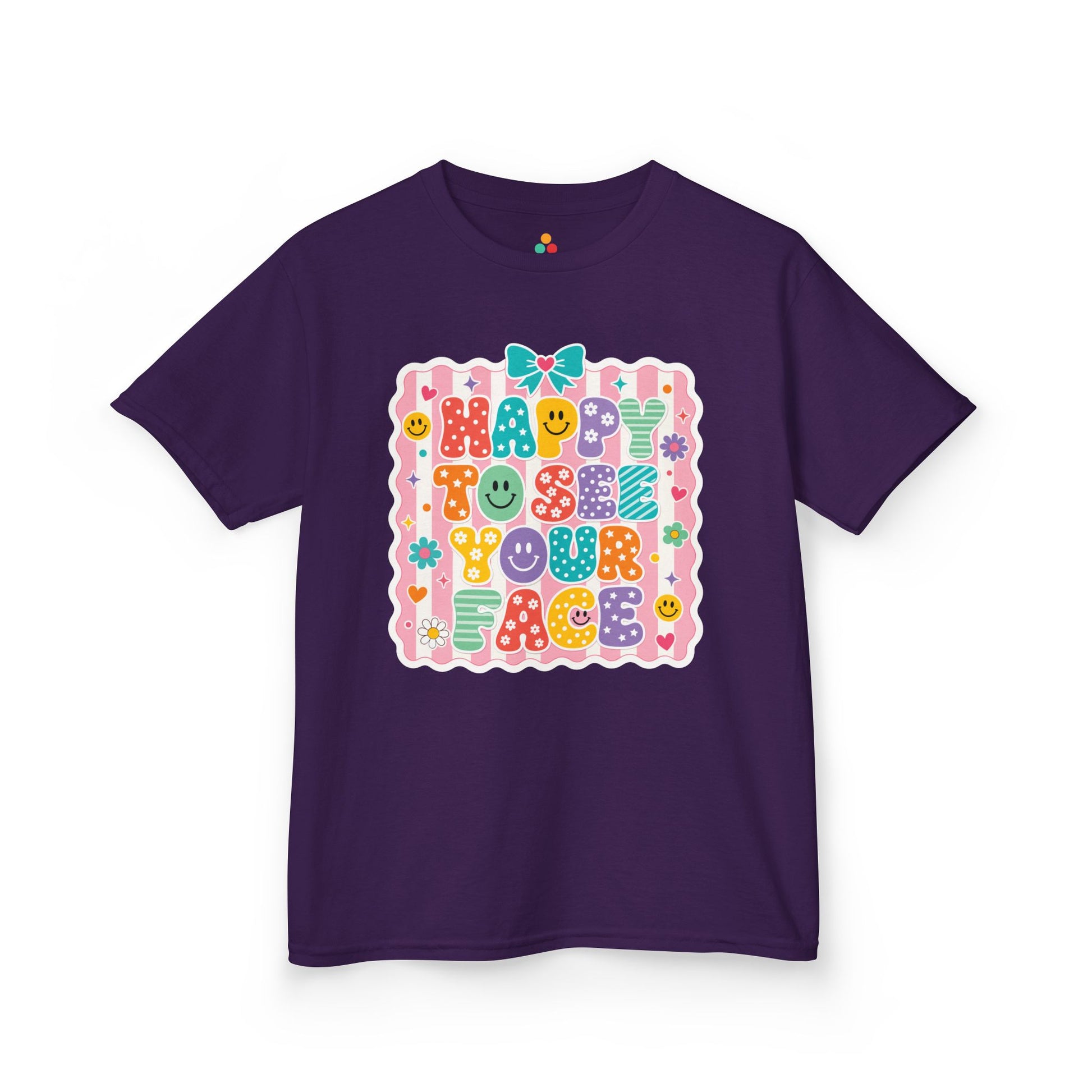 Purple TEEZOCA Happy to See Your Face coquette kids shirt with a bow and daisies, a cute back to school tee.
