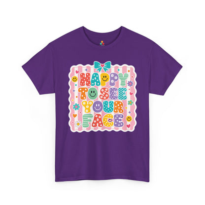 Purple TEEZOCA Happy to See Your Face coquette shirt with a bow and daisies, a cute teacher tee.
