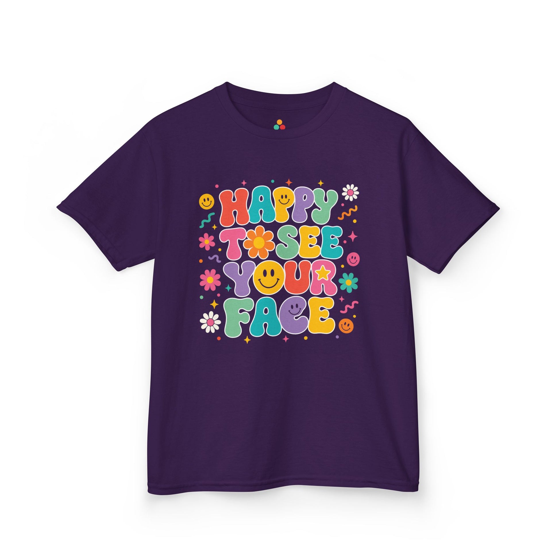 Purple TEEZOCA Happy to See Your Face groovy kids shirt with cheerful faces and daisies, a cute retro back to school tee.
