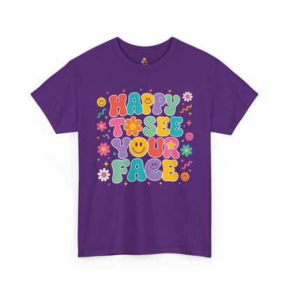 Purple TEEZOCA Happy to See Your Face groovy shirt with cheerful faces and daisies, a cute retro teacher tee.

