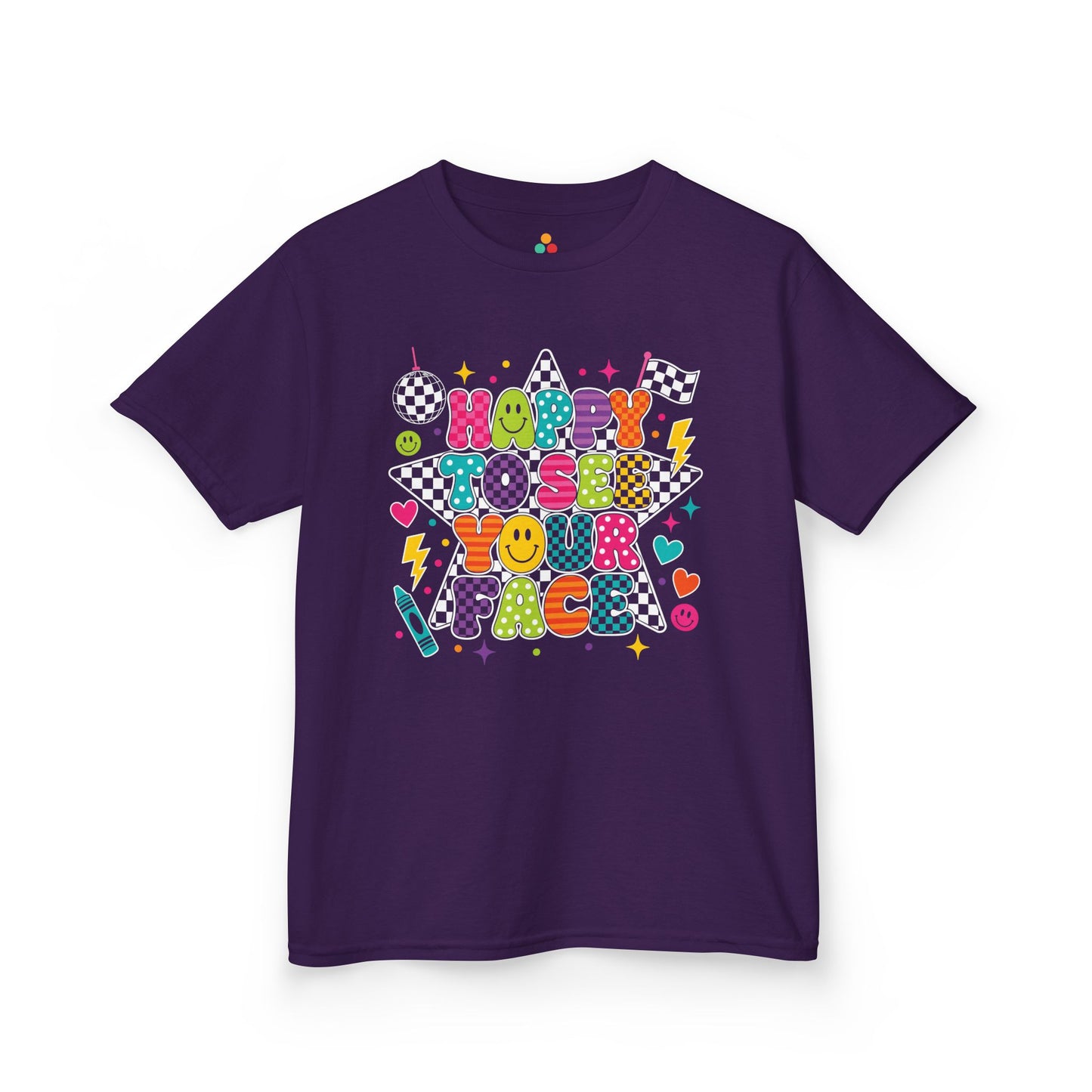 Purple TEEZOCA Happy to See Your Face kids shirt with cheerful faces and stars, the kind of first-day tee parents shop on Amazon and Etsy.

