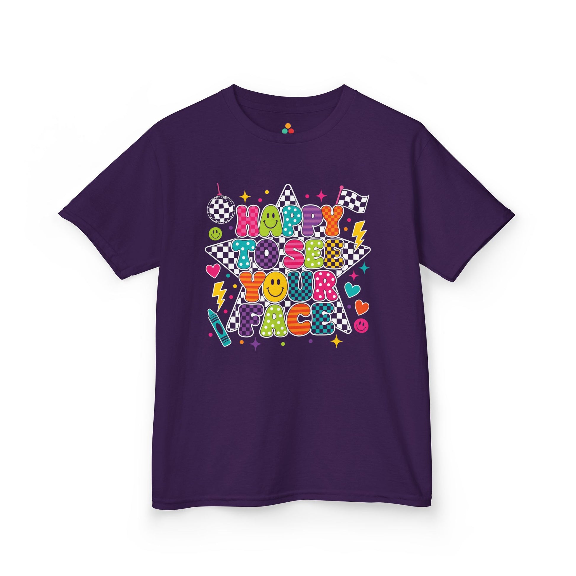 Purple TEEZOCA Happy to See Your Face kids shirt with cheerful faces and stars, the kind of first-day tee parents shop on Amazon and Etsy.

