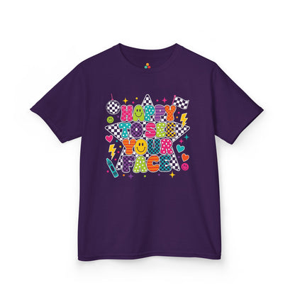 Purple TEEZOCA Happy to See Your Face kids shirt with cheerful faces and stars, the kind of first-day tee parents shop on Amazon and Etsy.

