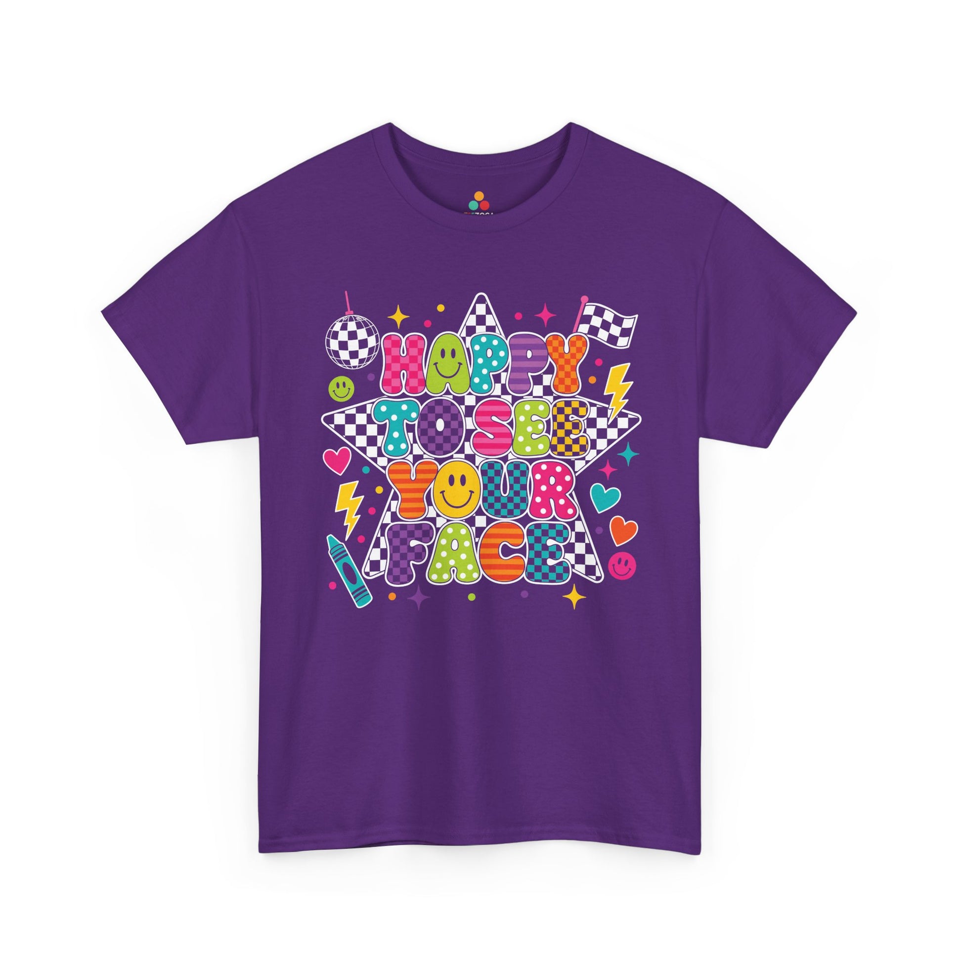 Purple TEEZOCA Happy to See Your Face teacher shirt with cheerful faces and stars, the kind of adult tee shoppers find on Amazon and Etsy.

