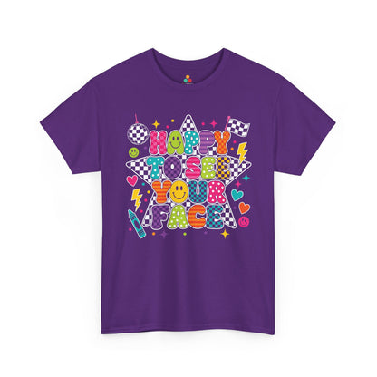 Purple TEEZOCA Happy to See Your Face teacher shirt with cheerful faces and stars, the kind of adult tee shoppers find on Amazon and Etsy.

