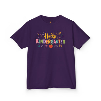 Purple TEEZOCA Hello Kindergarten kids shirt with an apple and daisies, the kind of first-day tee parents shop on Amazon and Etsy.

