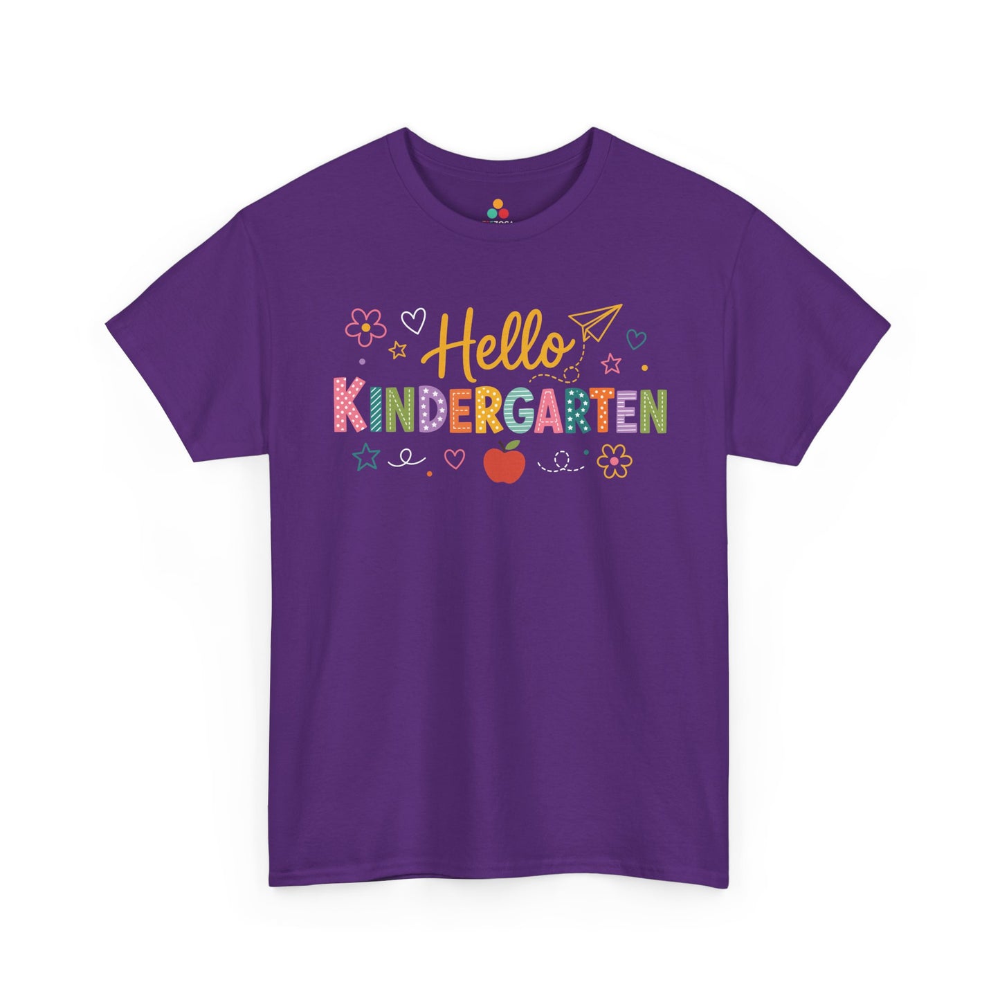 Purple TEEZOCA Hello Kindergarten teacher shirt with an apple and daisies, the kind of adult tee shoppers find on Amazon and Etsy.


