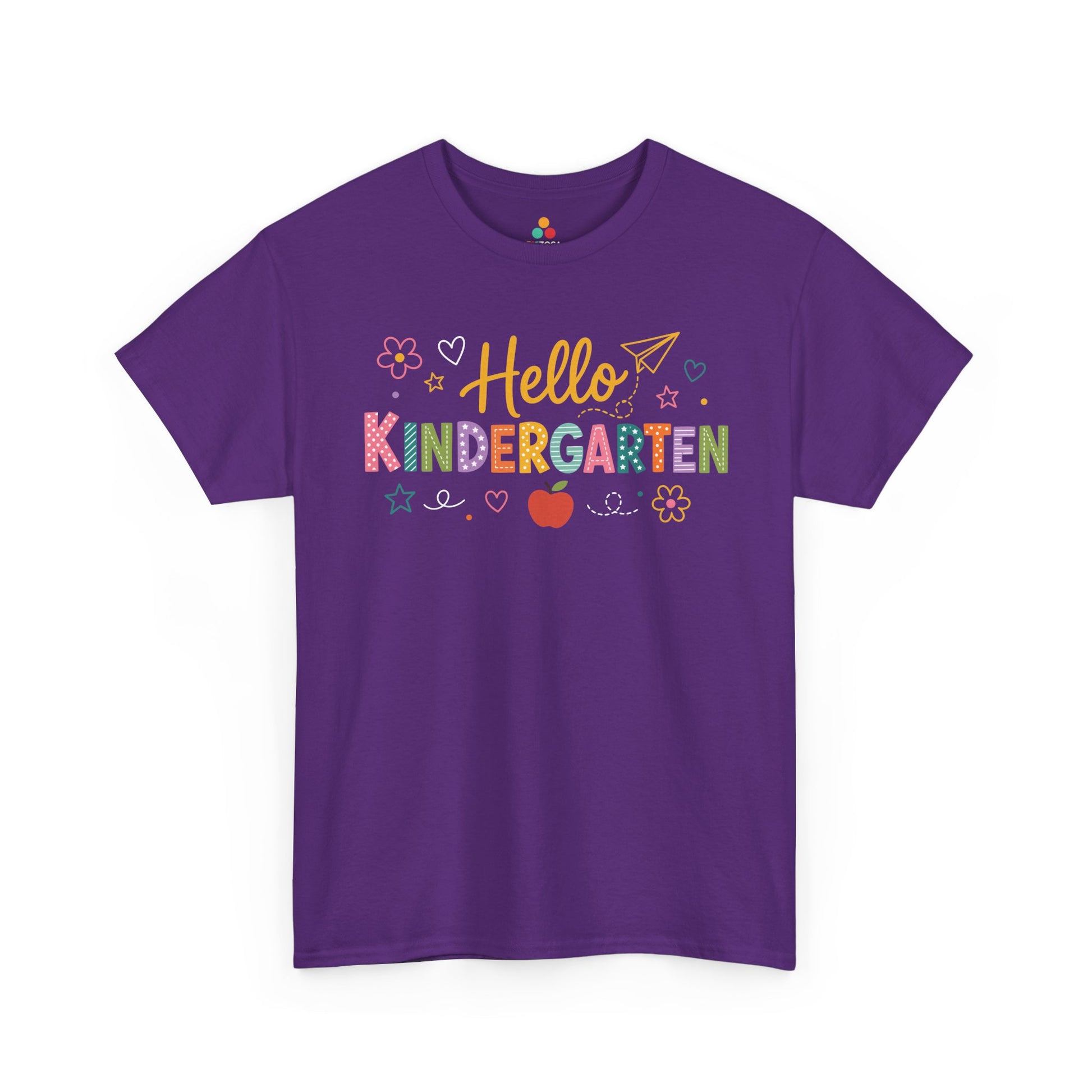 Purple TEEZOCA Hello Kindergarten teacher shirt with an apple and daisies, the kind of adult tee shoppers find on Amazon and Etsy.

