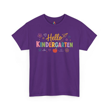 Purple TEEZOCA Hello Kindergarten teacher shirt with an apple and daisies, the kind of adult tee shoppers find on Amazon and Etsy.

