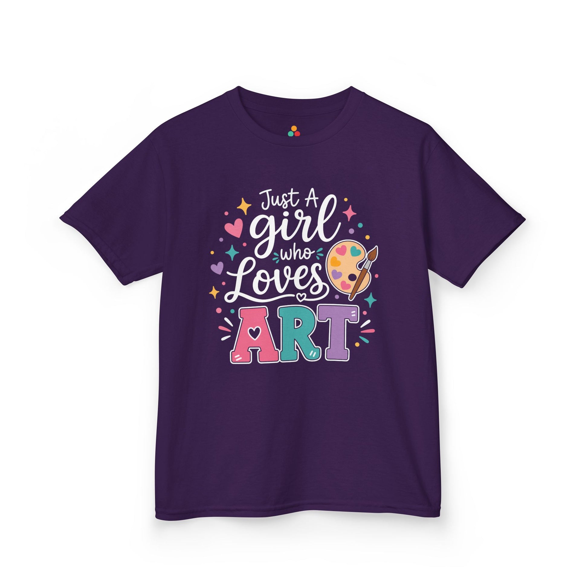 Purple TEEZOCA Just a Girl Who Loves Art kids shirt with hearts and a paint palette, a cute tee for a young artist.
