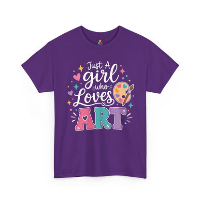 Purple TEEZOCA Just a Girl Who Loves Art shirt with hearts and a paint palette, a cute tee for art students and teachers.
