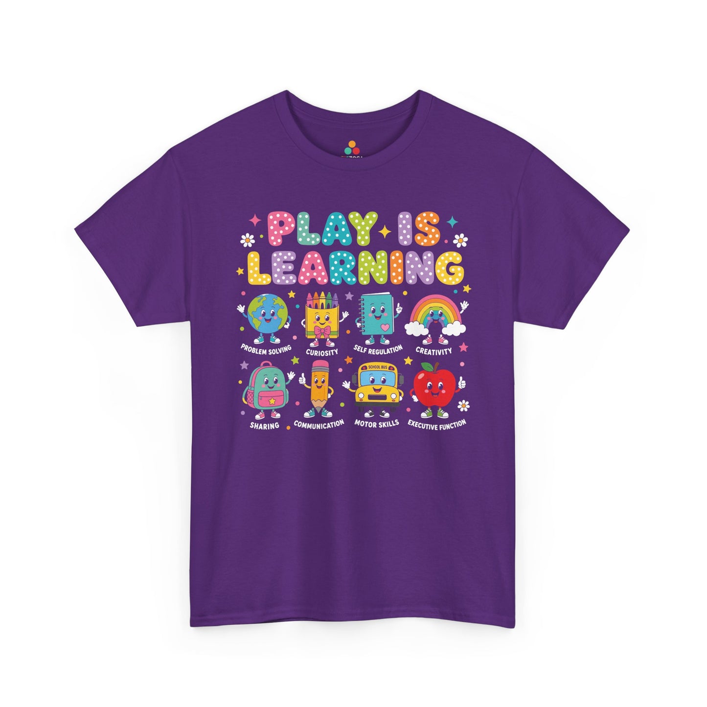Purple TEEZOCA Play Is Learning teacher shirt with school-supply characters, the kind of adult tee shoppers find on Amazon and Etsy.

