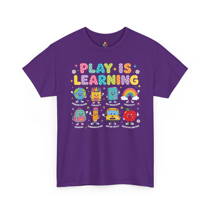 Purple TEEZOCA Play Is Learning teacher shirt with school-supply characters, the kind of adult tee shoppers find on Amazon and Etsy.

