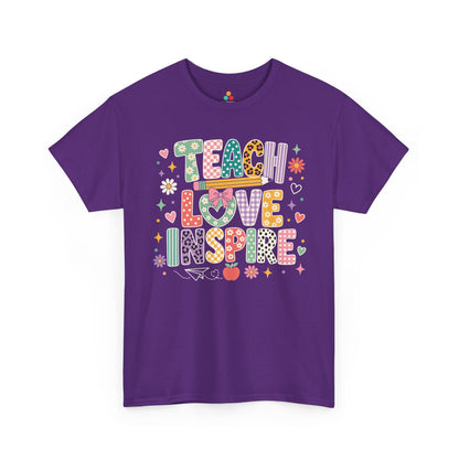 Purple TEEZOCA Teach Love Inspire teacher shirt, the kind of adult tee shoppers find on Amazon and Etsy.


