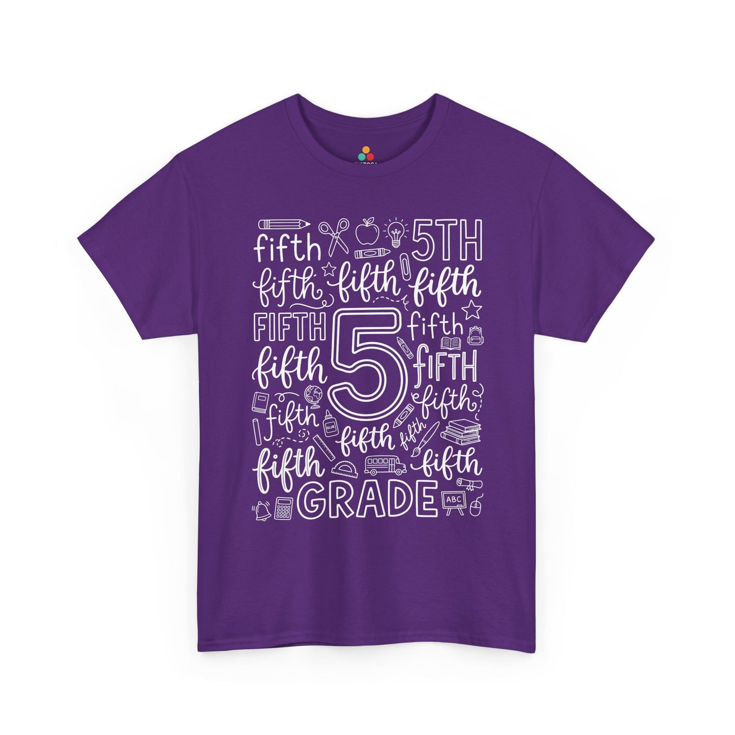 Purple TEEZOCA fifth grade teacher shirt with school doodles, the kind of adult tee shoppers find on Amazon and Etsy.
