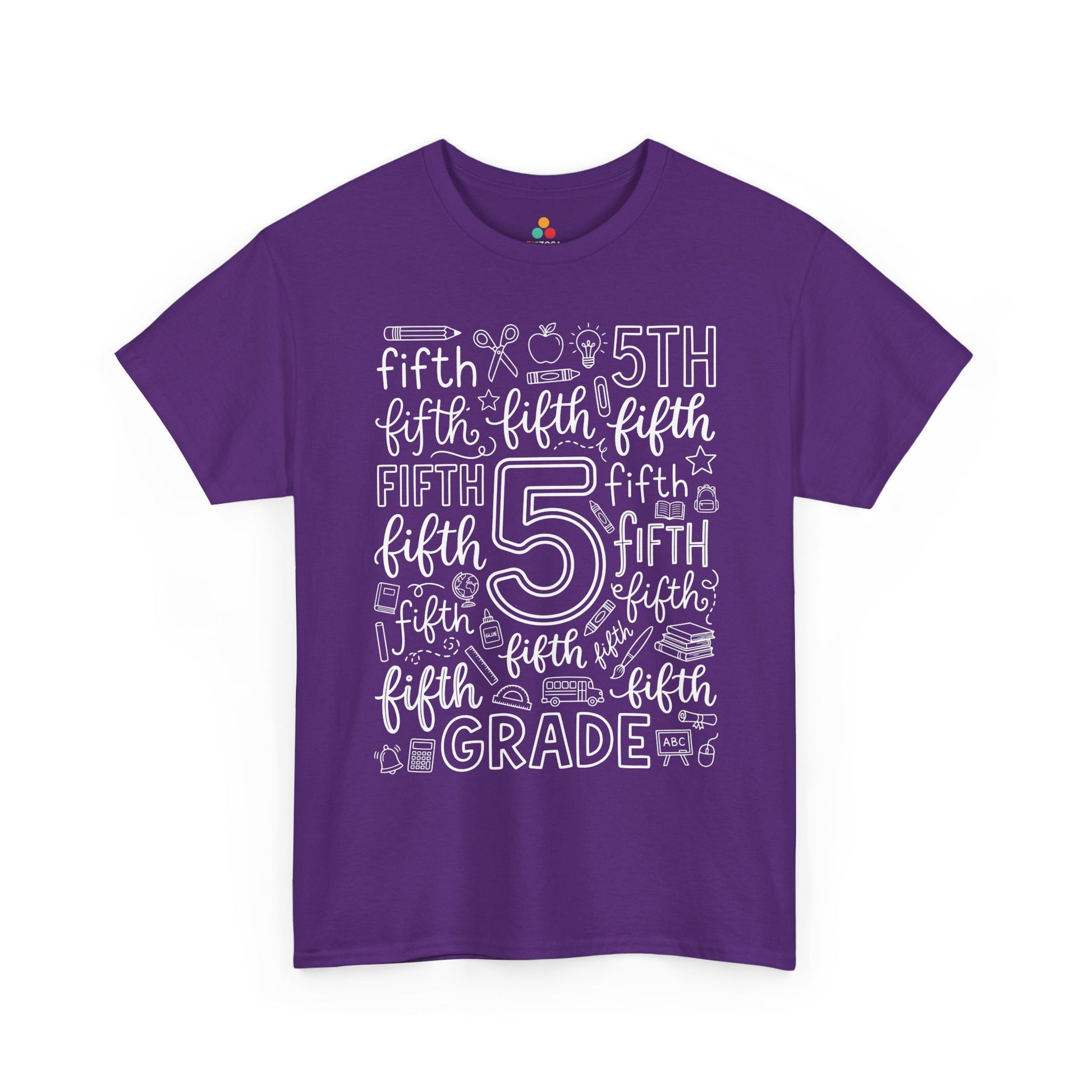 Purple TEEZOCA fifth grade teacher shirt with school doodles, the kind of adult tee shoppers find on Amazon and Etsy.
