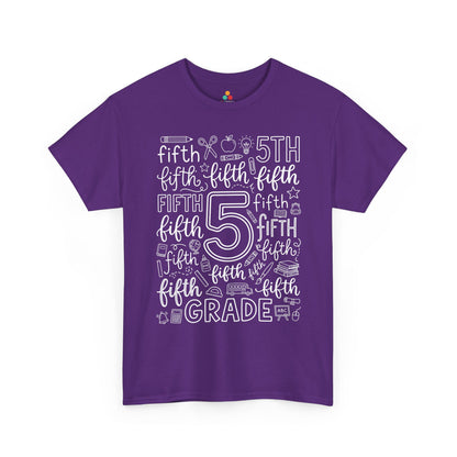 Purple TEEZOCA fifth grade teacher shirt with school doodles, the kind of adult tee shoppers find on Amazon and Etsy.
