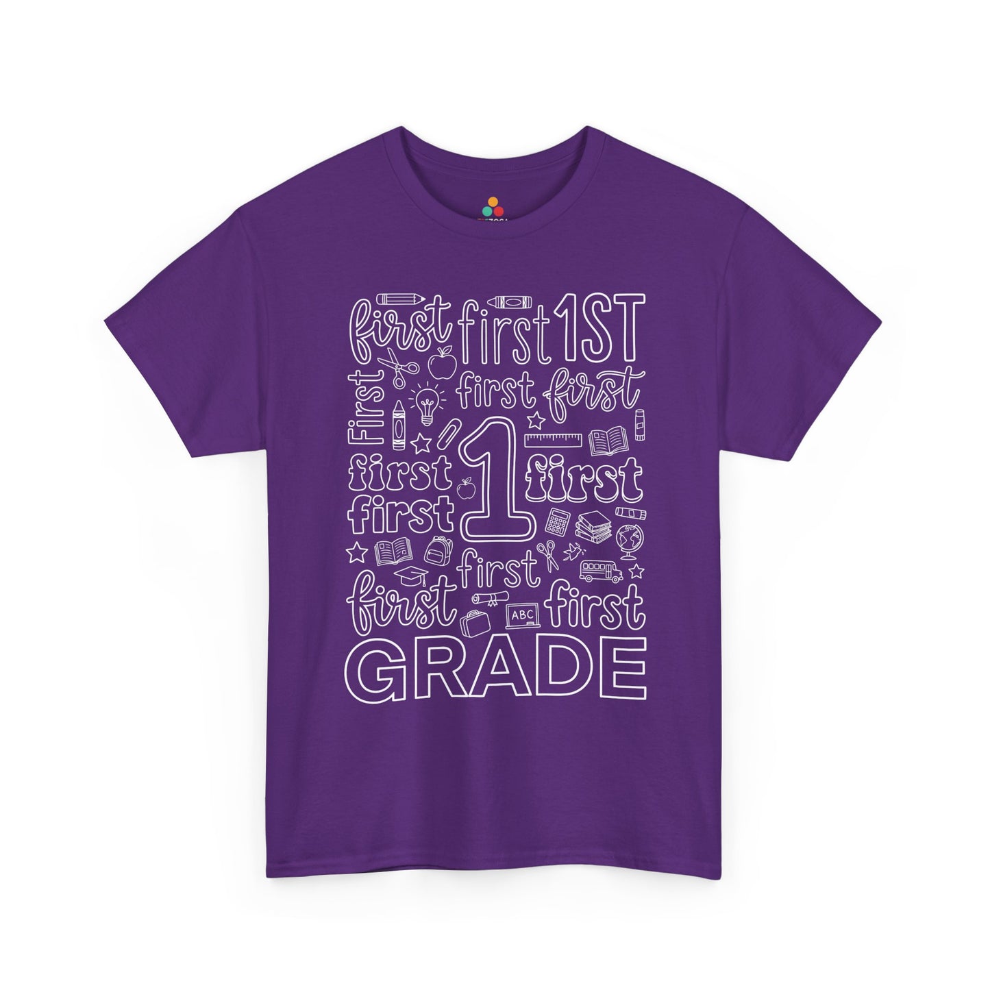 Purple TEEZOCA first grade teacher shirt with school doodles, the kind of adult tee shoppers find on Amazon and Etsy.

