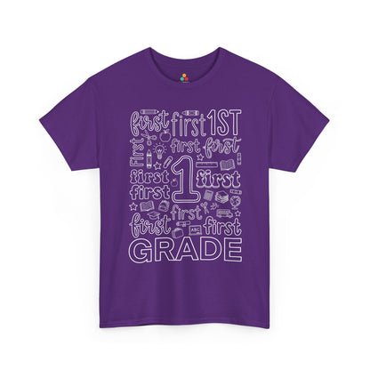 Purple TEEZOCA first grade teacher shirt with school doodles, the kind of adult tee shoppers find on Amazon and Etsy.

