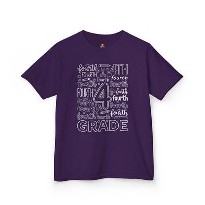 Purple TEEZOCA fourth grade kids shirt with school doodles, the kind of first-day tee parents shop on Amazon and Etsy.
