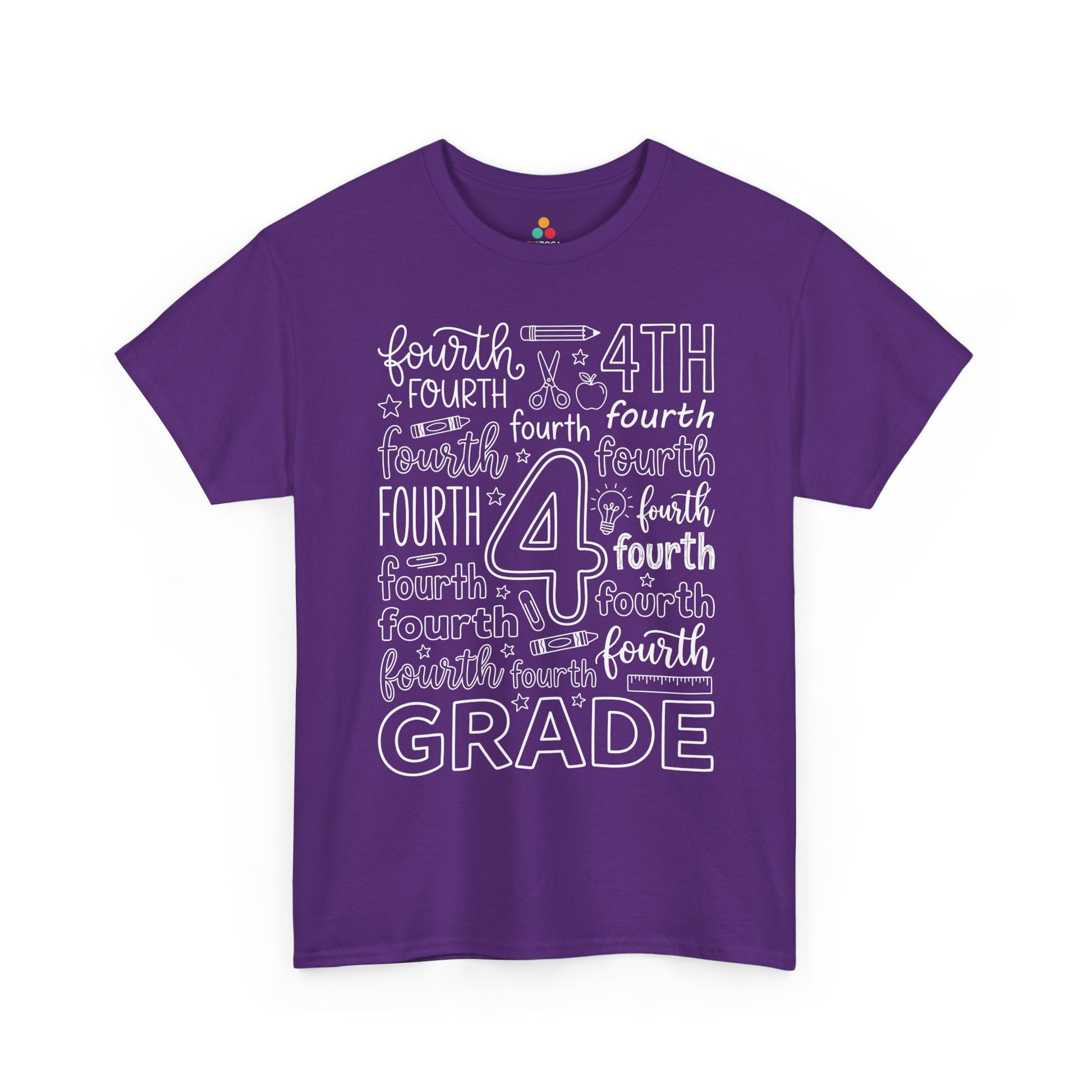 Purple TEEZOCA fourth grade teacher shirt with school doodles, the kind of adult tee shoppers find on Amazon and Etsy.
