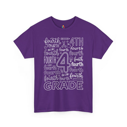 Purple TEEZOCA fourth grade teacher shirt with school doodles, the kind of adult tee shoppers find on Amazon and Etsy.
