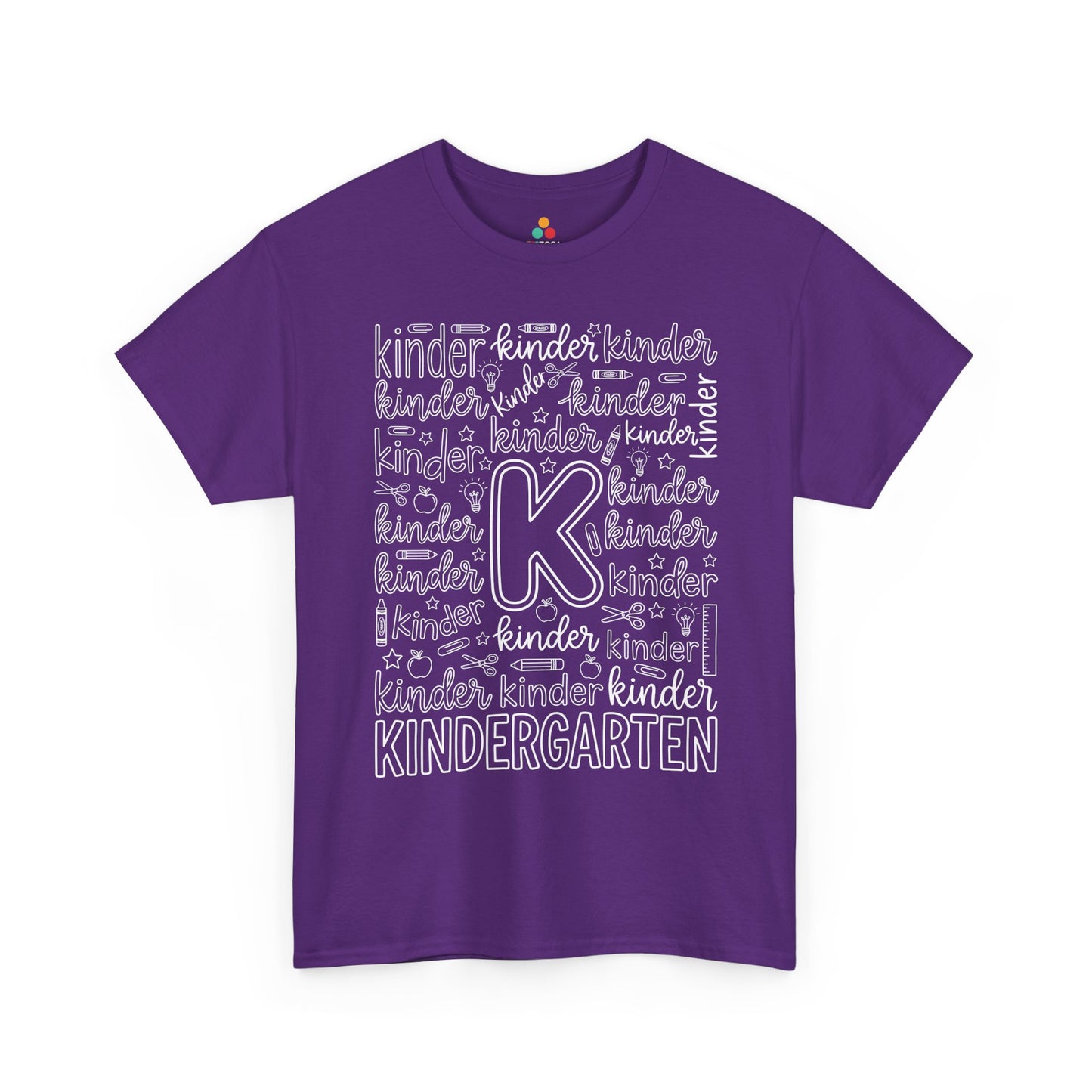 Purple TEEZOCA kindergarten teacher shirt with school doodles, the kind of adult tee shoppers find on Amazon and Etsy.
