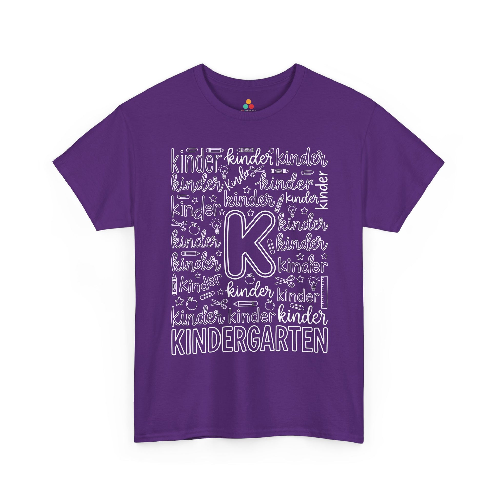 Purple TEEZOCA kindergarten teacher shirt with school doodles, the kind of adult tee shoppers find on Amazon and Etsy.

