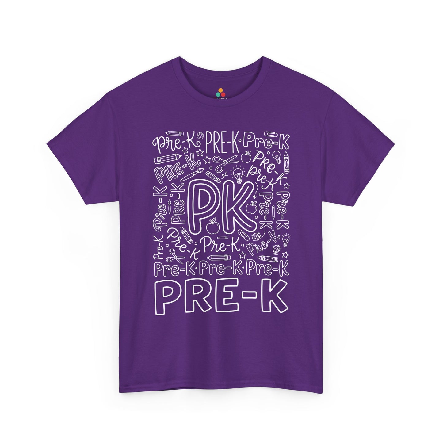 Purple TEEZOCA pre-k teacher shirt with school doodles, the kind of adult tee shoppers find on Amazon and Etsy.
