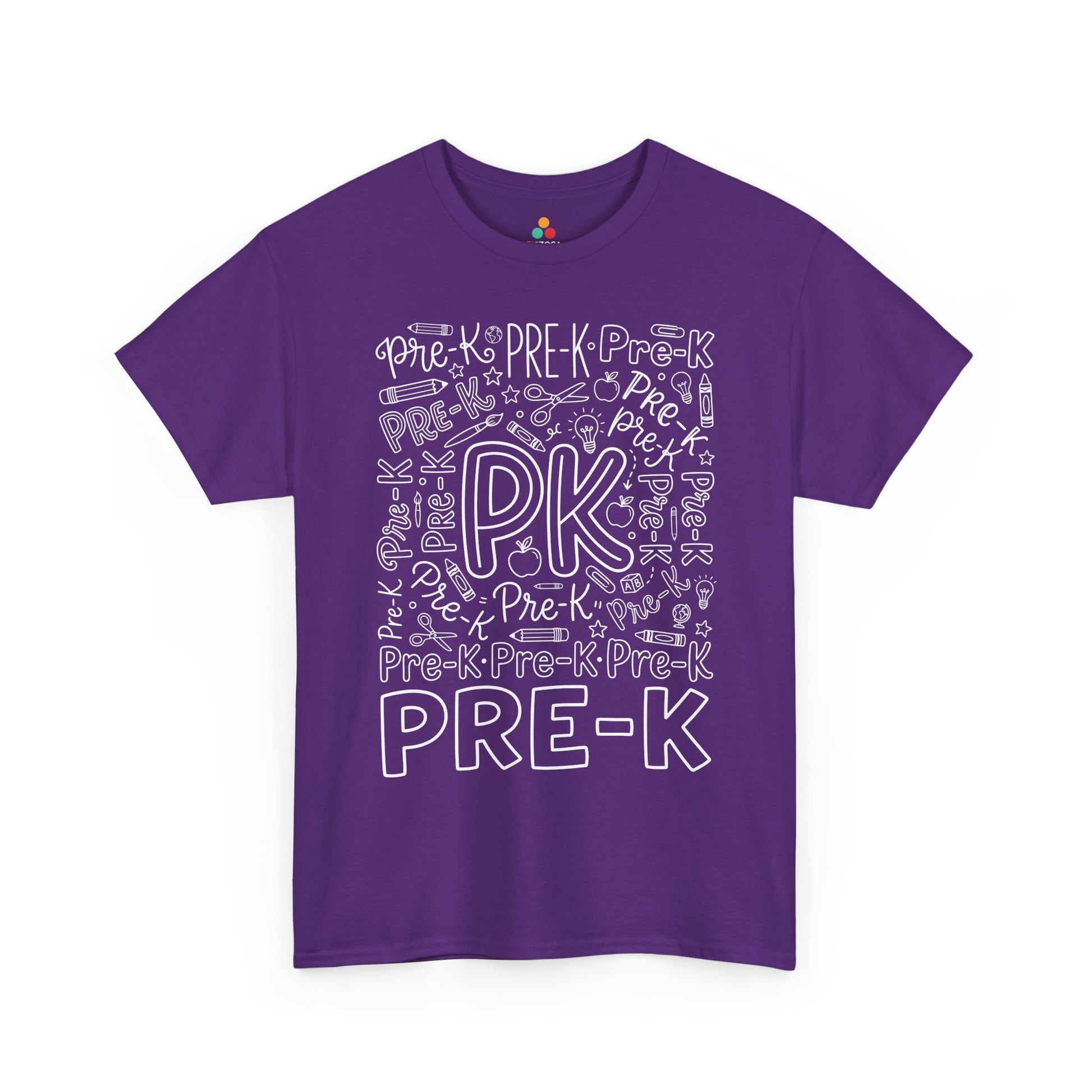 Purple TEEZOCA pre-k teacher shirt with school doodles, the kind of adult tee shoppers find on Amazon and Etsy.
