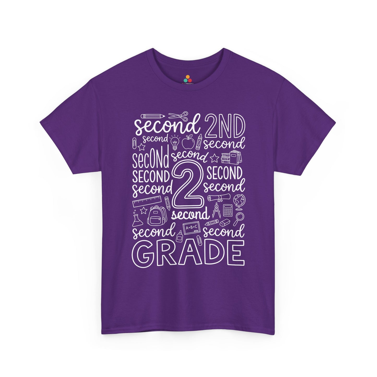 Purple TEEZOCA second grade teacher shirt with school doodles, the kind of adult tee shoppers find on Amazon and Etsy.
