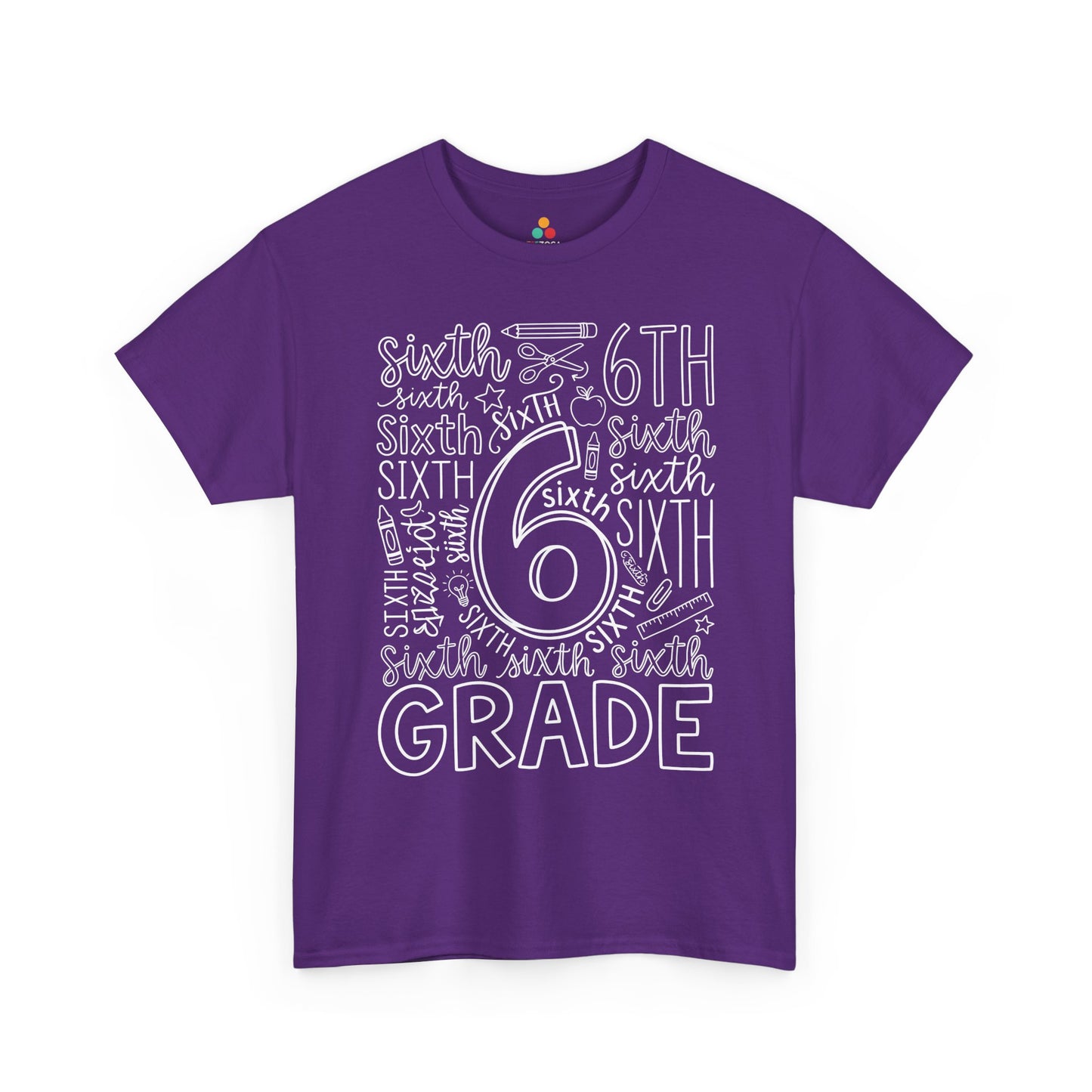 Purple TEEZOCA sixth grade teacher shirt with school doodles, the kind of adult tee shoppers find on Amazon and Etsy.
