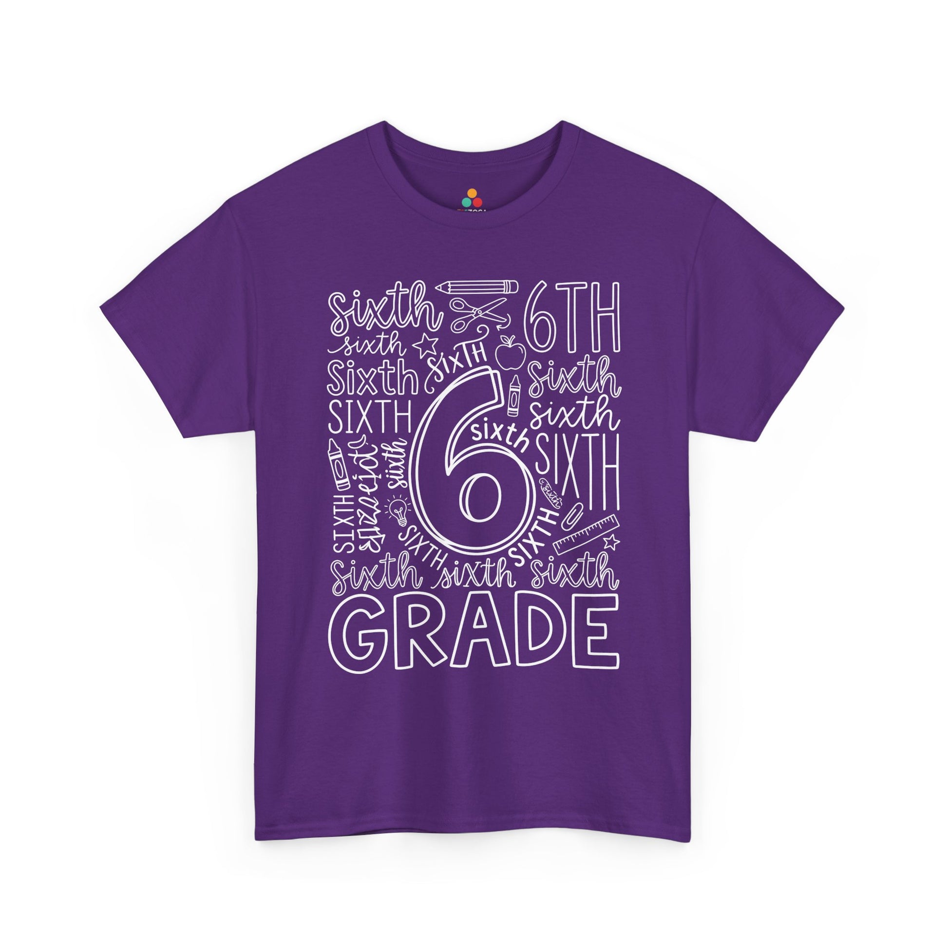 Purple TEEZOCA sixth grade teacher shirt with school doodles, the kind of adult tee shoppers find on Amazon and Etsy.
