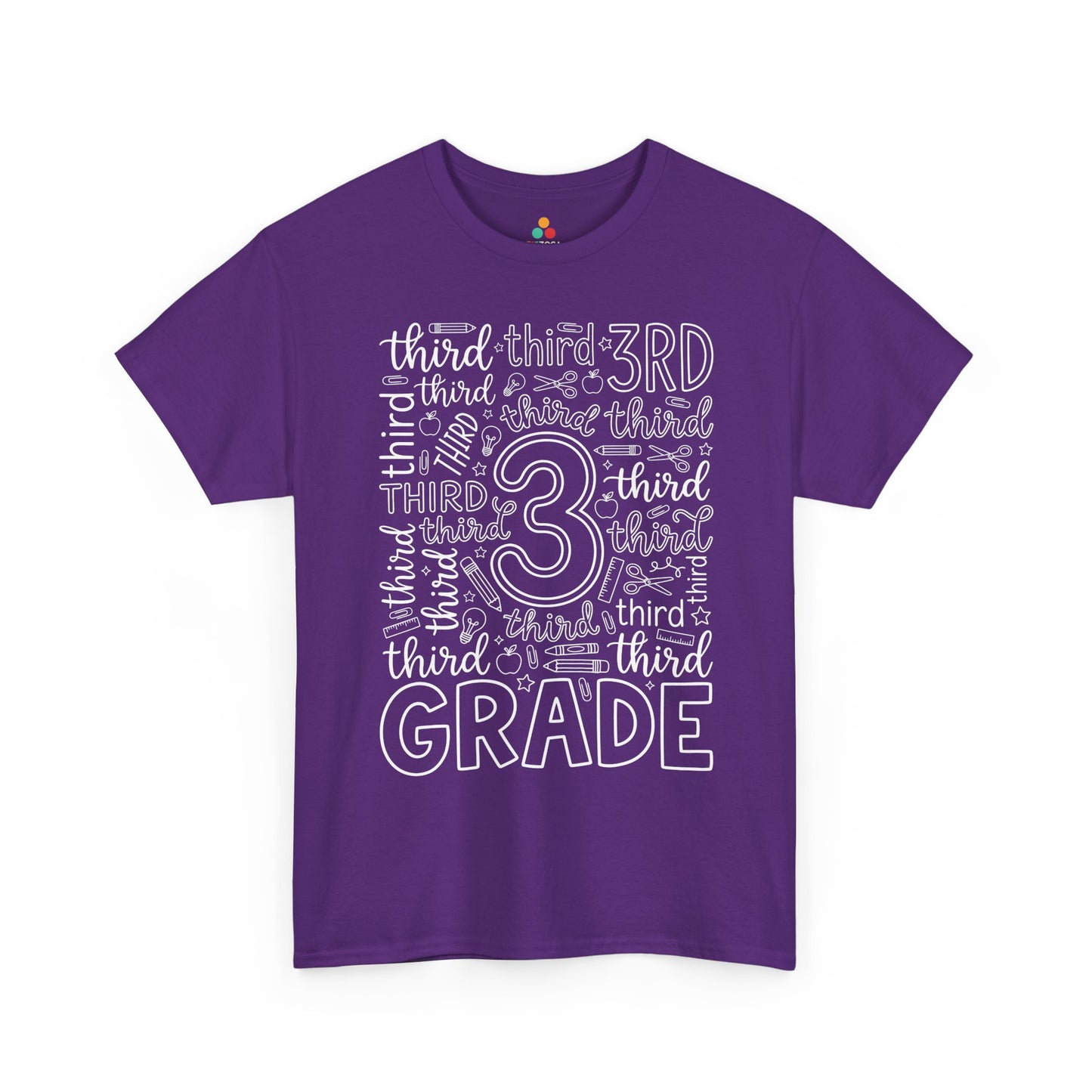 Purple TEEZOCA third grade teacher shirt with school doodles, the kind of adult tee shoppers find on Amazon and Etsy.

