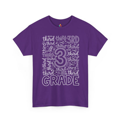 Purple TEEZOCA third grade teacher shirt with school doodles, the kind of adult tee shoppers find on Amazon and Etsy.
