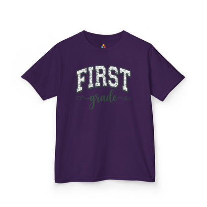 Purple t-shirt. TEEZOCA floral back to school tee for kids in first grade, a first-day pick parents find on Amazon and Etsy for class photos.

