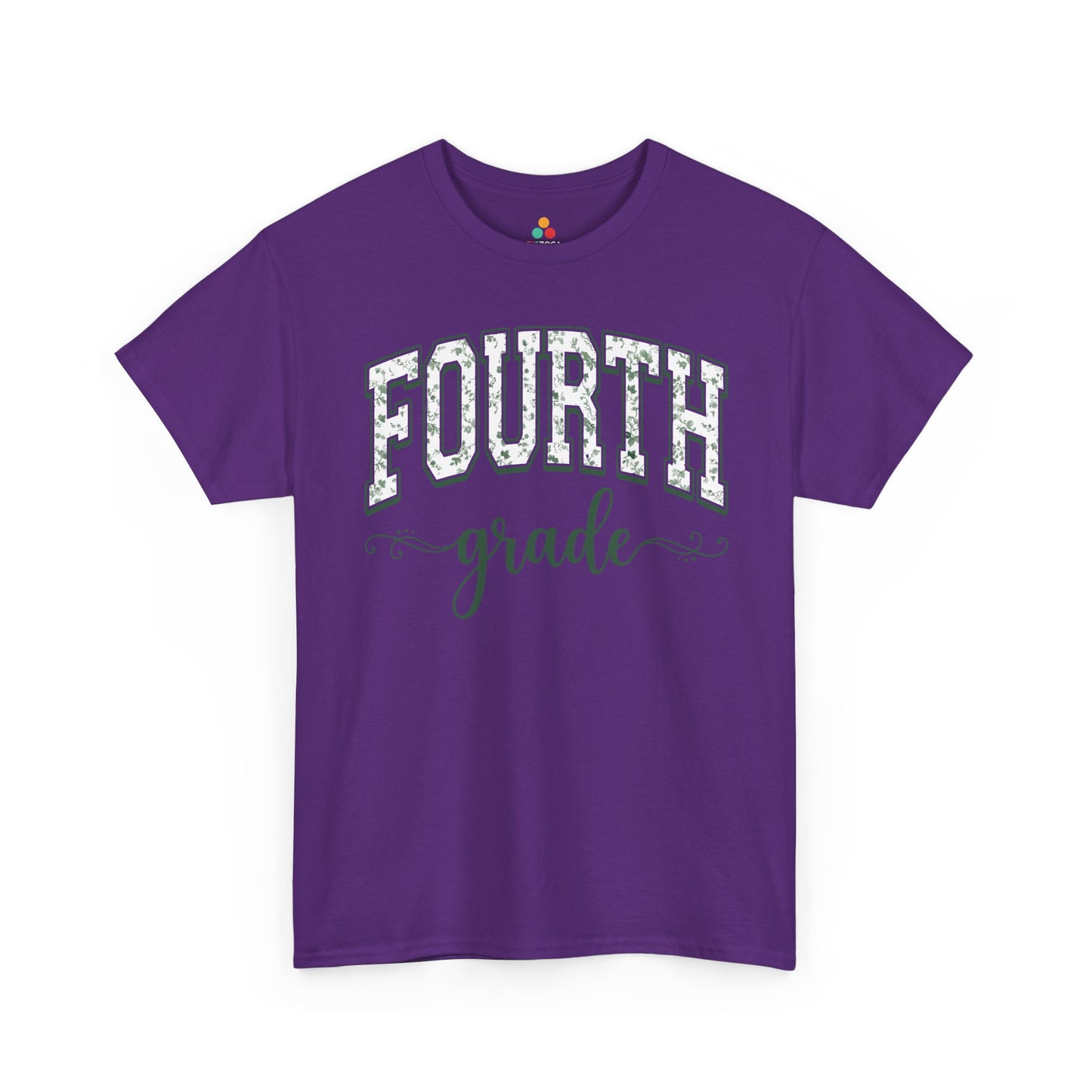 Purple t-shirt with 'FOURTH grade' text on a white background. Cute fourth grade shirt from TEEZOCA, a unisex adult tee worn by teachers, aides, and room parents.
