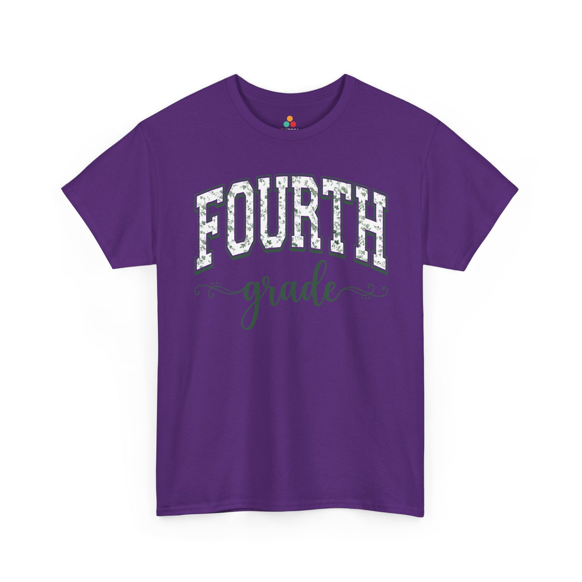 Purple t-shirt with 'FOURTH grade' text on a white background. Cute fourth grade shirt from TEEZOCA, a unisex adult tee worn by teachers, aides, and room parents.
