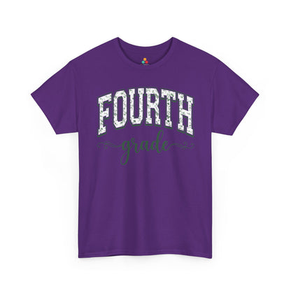 Purple t-shirt with 'FOURTH grade' text on a white background. Cute fourth grade shirt from TEEZOCA, a unisex adult tee worn by teachers, aides, and room parents.
