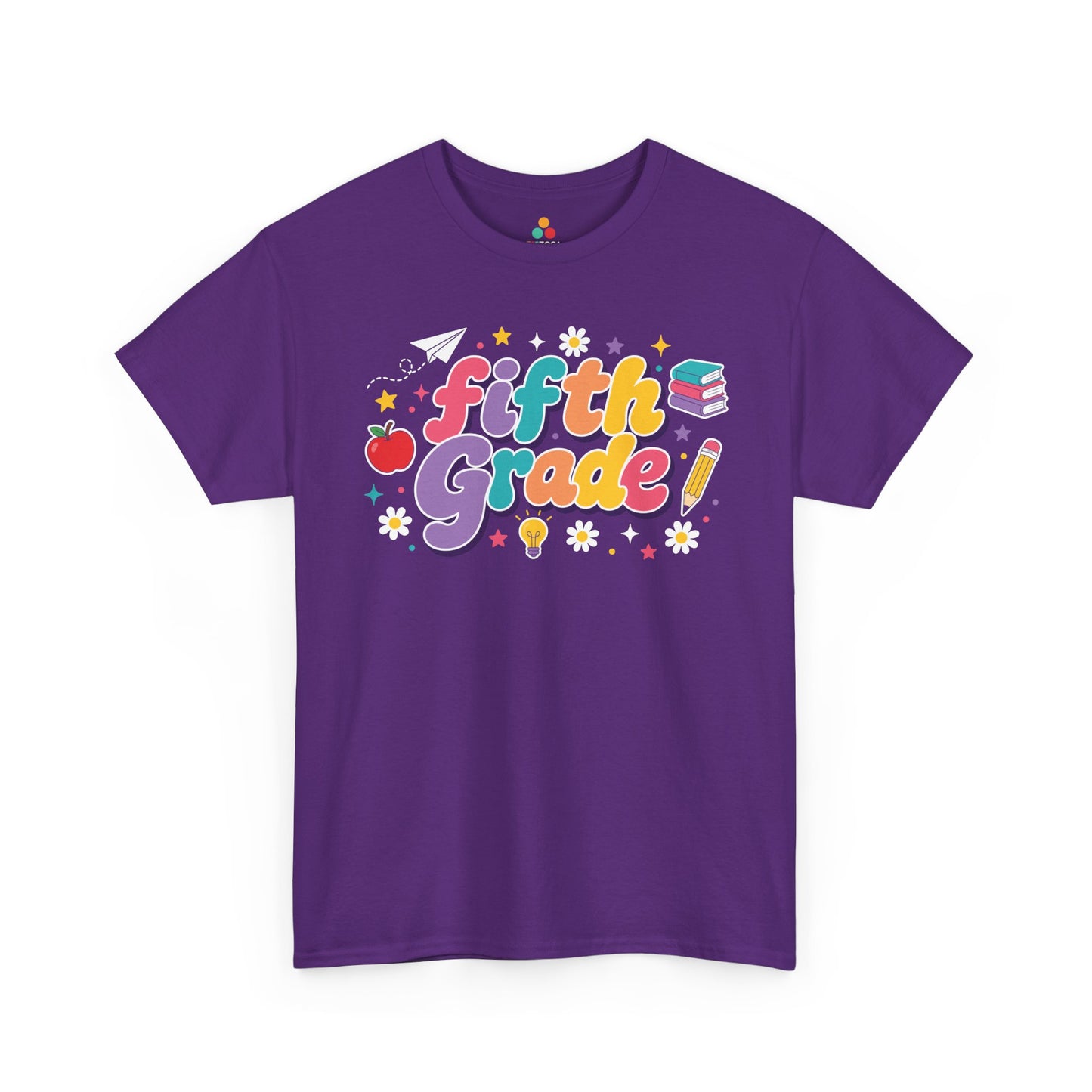 Purple t-shirt with 'Fifth Grade!' text and educational graphics on a white background. TEEZOCA t-shirt artwork for a cute fifth grade teacher shirt, with multicolor lettering, deep purple shadows, and cheerful classroom icons.