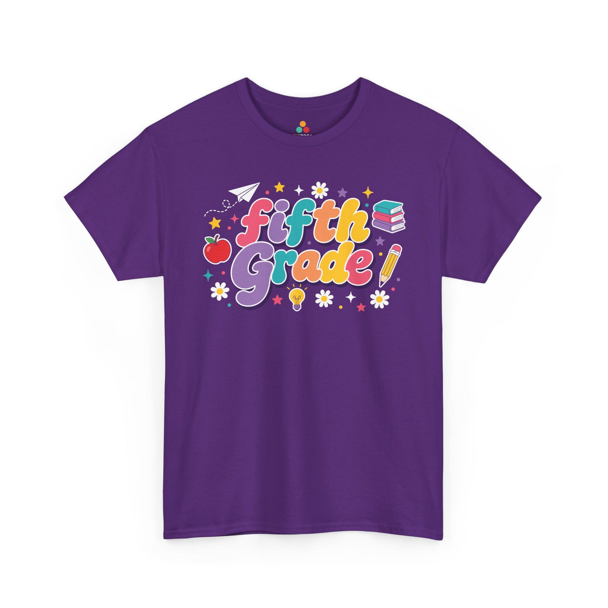 Purple t-shirt with 'Fifth Grade!' text and educational graphics on a white background. TEEZOCA t-shirt artwork for a cute fifth grade teacher shirt, with multicolor lettering, deep purple shadows, and cheerful classroom icons.