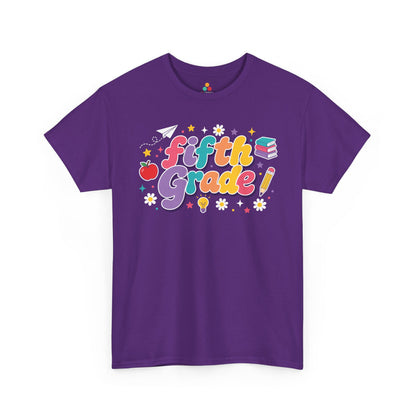 Purple t-shirt with 'Fifth Grade!' text and educational graphics on a white background. TEEZOCA t-shirt artwork for a cute fifth grade teacher shirt, with multicolor lettering, deep purple shadows, and cheerful classroom icons.