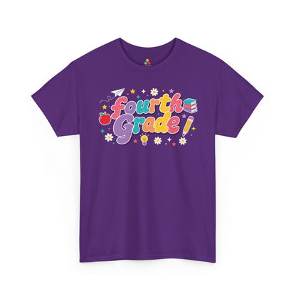 Purple t-shirt with 'Fourth Grade!' text and graphics on a white background. TEEZOCA t-shirt artwork for a cute fourth grade teacher shirt, with multicolor lettering, deep purple shadows, and cheerful classroom icons.